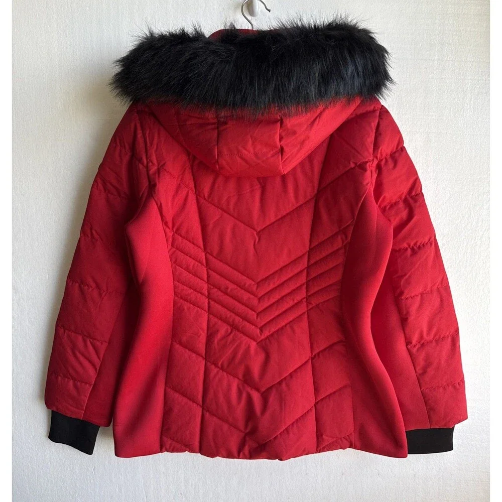 Michael Kors Womens L Red Hooded Puffer Jacket Faux Fur Trim Knit Side Panels